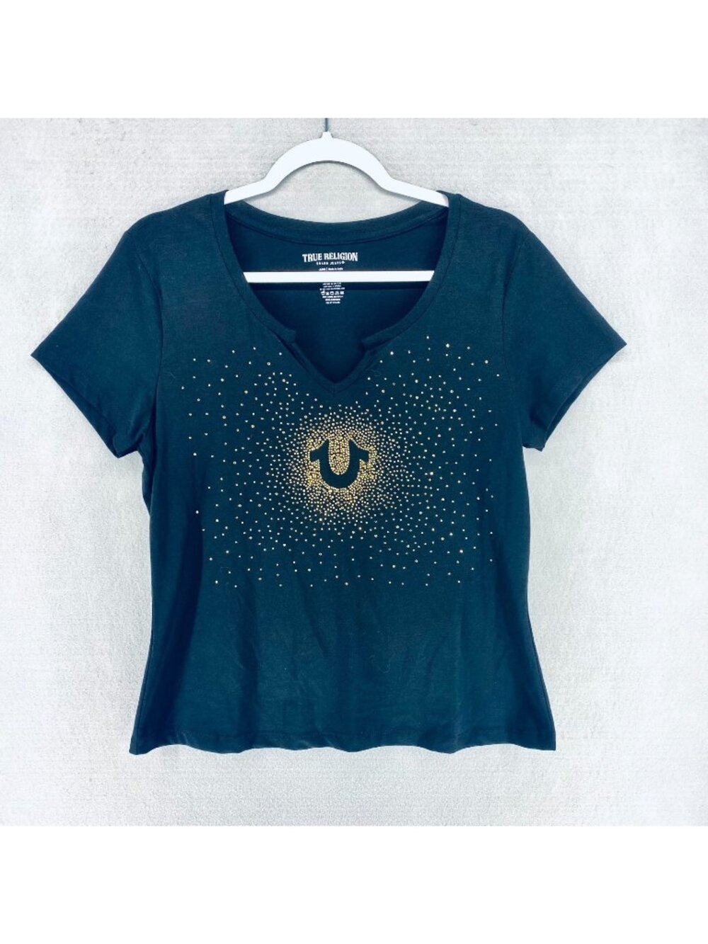 True Religion T Shirt Womens L Black Cotton Short Sleeve Pullover Sequins